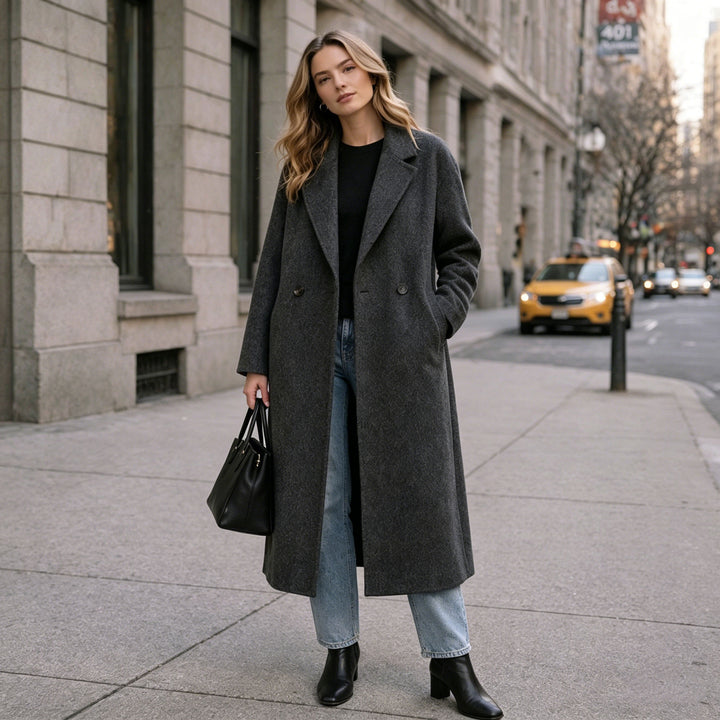 Luxury Wool Coat 5% Cashmere Blend – Minimalist Longline Tailored Overcoat for Women SCT304