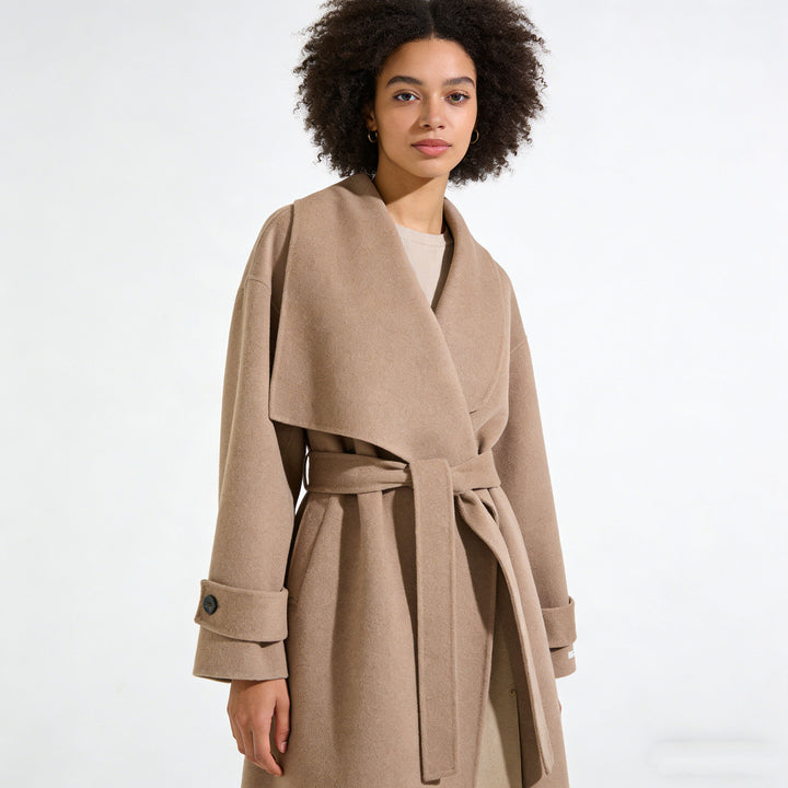 100% Wool Wrap Coat for Women – Elegant Long Belted Camel Overcoat SCT010