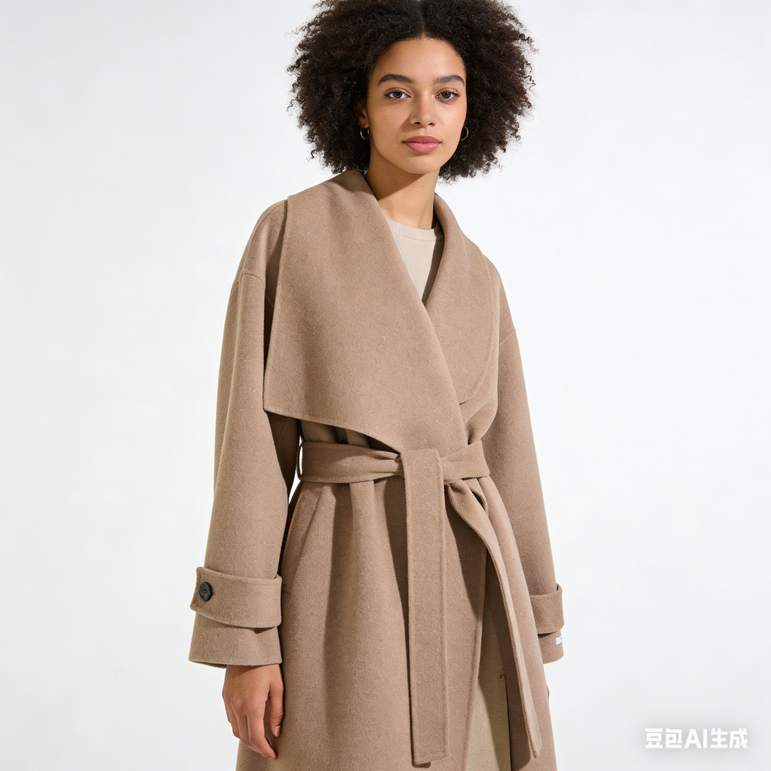 100% Wool Wrap Coat for Women – Elegant Long Belted Camel Overcoat SCT010