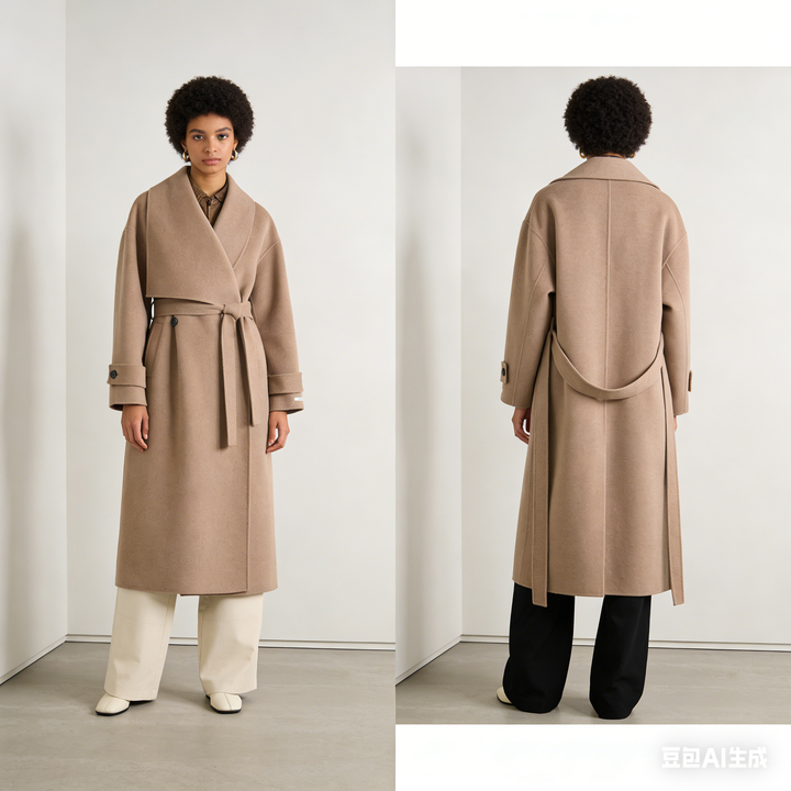 100% Wool Wrap Coat for Women – Elegant Long Belted Camel Overcoat SCT010