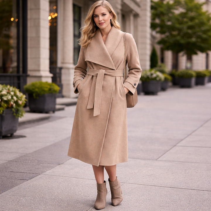 100% Wool Wrap Coat for Women – Elegant Long Belted Camel Overcoat SCT010