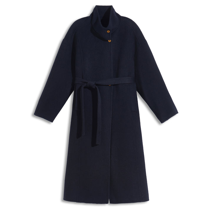 Relaxed Belted Long Wool Coat in Navy – 100% Wool SCT004