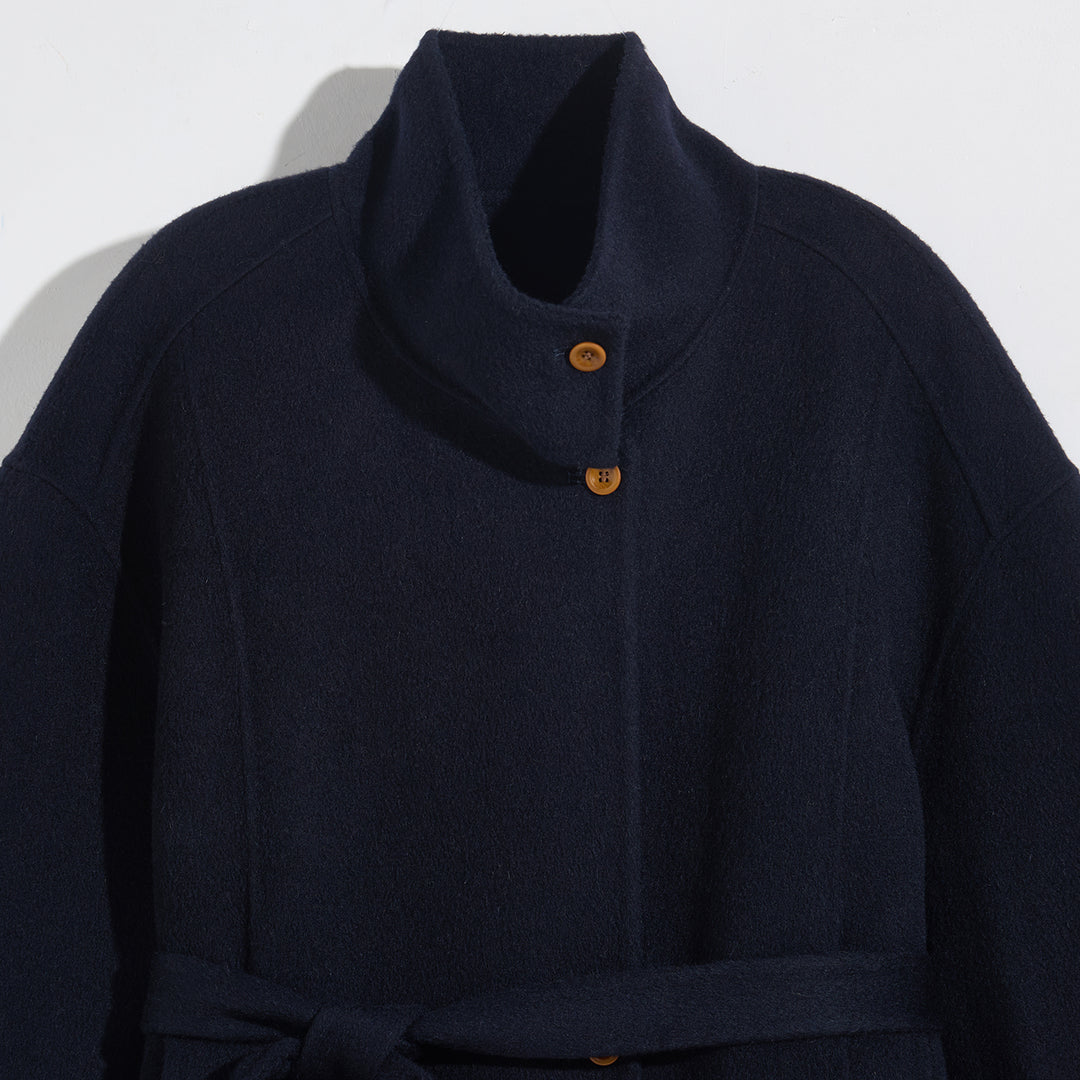 Relaxed Belted Long Wool Coat in Navy – 100% Wool SCT004