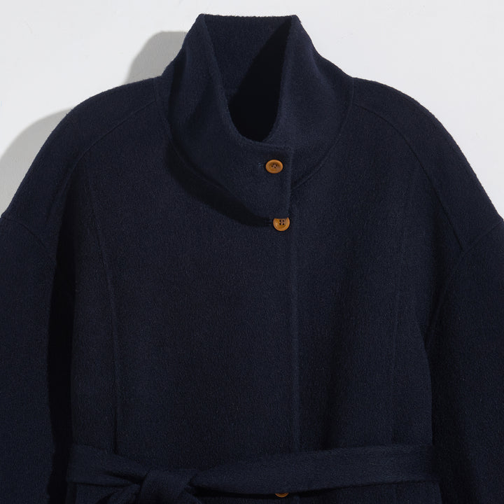 Relaxed Belted Long Wool Coat in Navy – 100% Wool SCT004