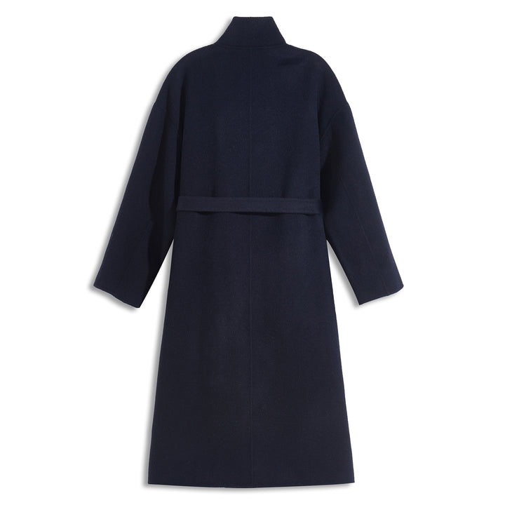 Relaxed Belted Long Wool Coat in Navy – 100% Wool SCT004