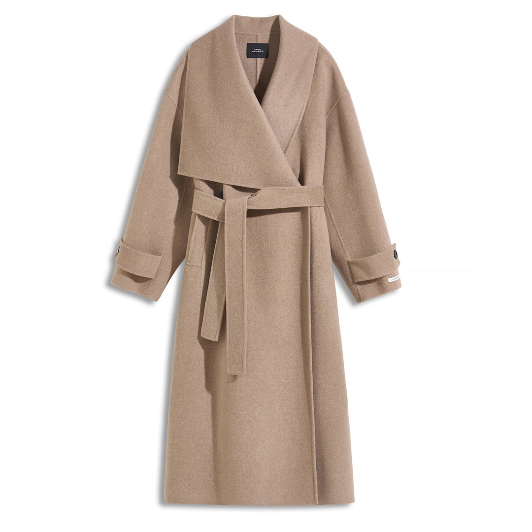 100% Wool Wrap Coat for Women – Elegant Long Belted Camel Overcoat SCT010