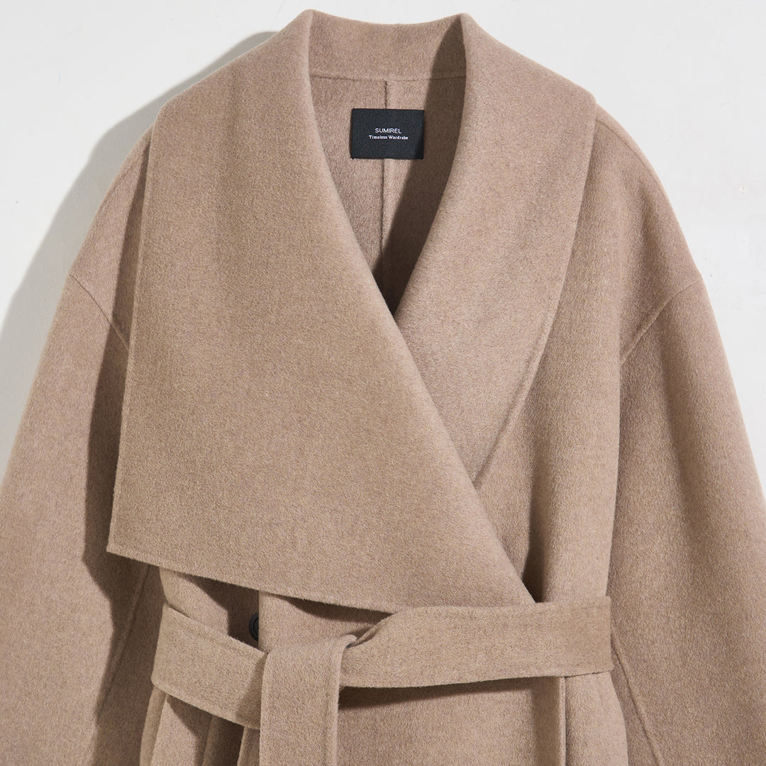 100% Wool Wrap Coat for Women – Elegant Long Belted Camel Overcoat SCT010