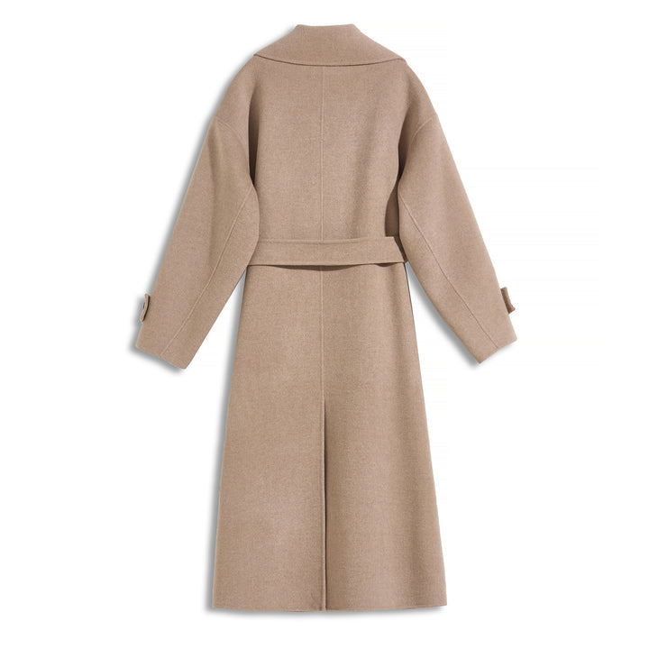 100% Wool Wrap Coat for Women – Elegant Long Belted Camel Overcoat SCT010