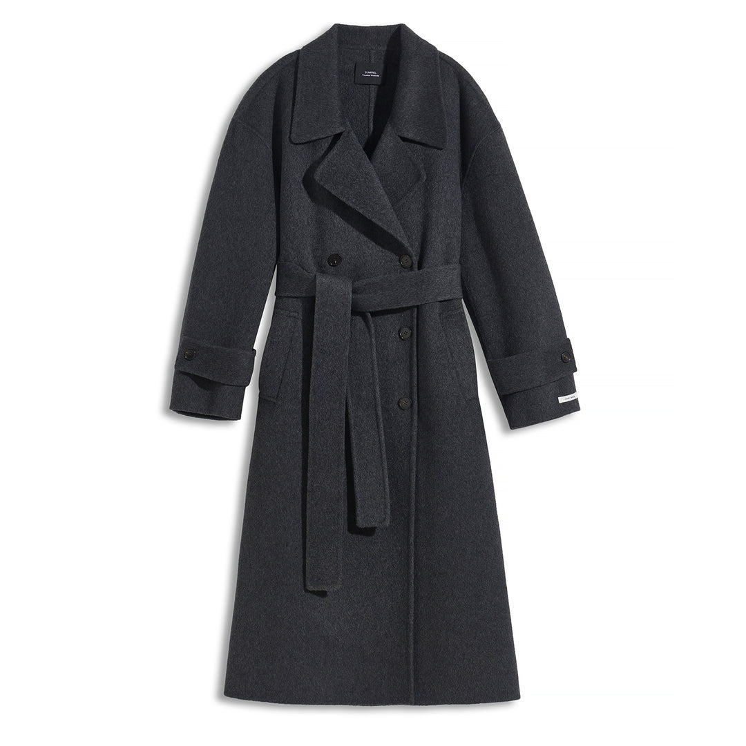 Double-Breasted Wool Blend Trench Coat with Belt – 5% Cashmere Long Winter Coat SCT302