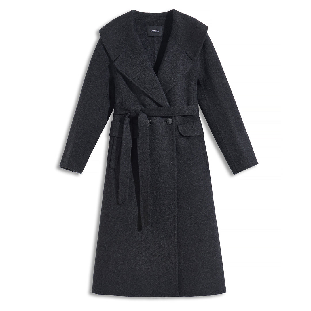 Luxury Wool Blend Hooded Wrap Coat with Belt – Elegant Long Winter Coat SCT606