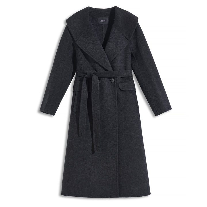 Luxury Wool Blend Hooded Wrap Coat with Belt – Elegant Long Winter Coat SCT606