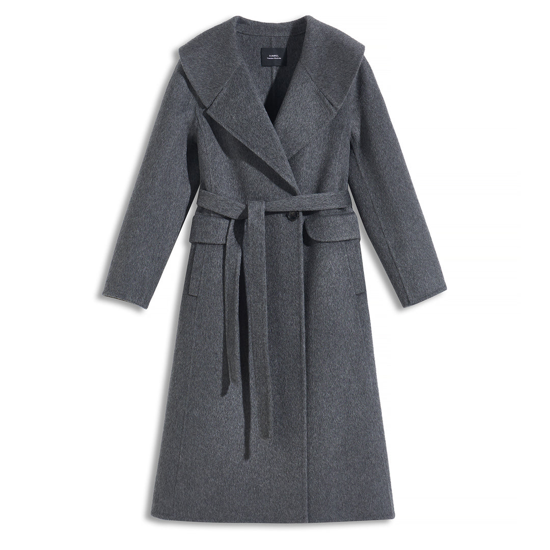 Luxury Wool Blend Hooded Wrap Coat with Belt – Elegant Long Winter Coat SCT606