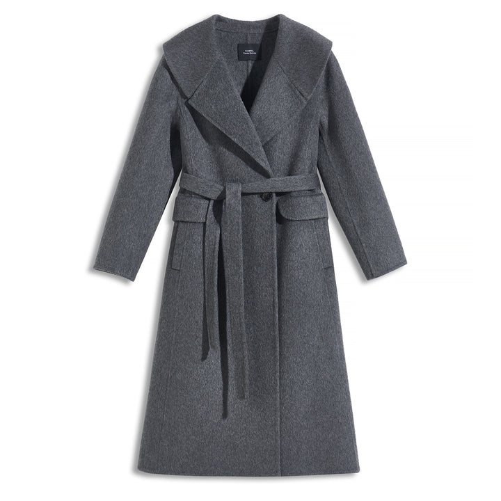 Luxury Wool Blend Hooded Wrap Coat with Belt – Elegant Long Winter Coat SCT606