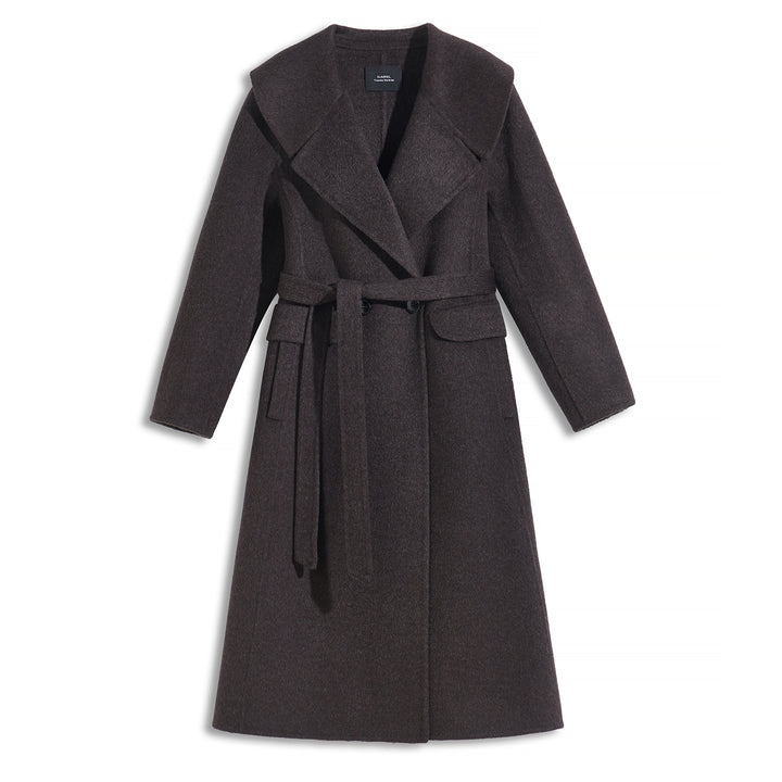 Luxury Wool Blend Hooded Wrap Coat with Belt – Elegant Long Winter Coat SCT606