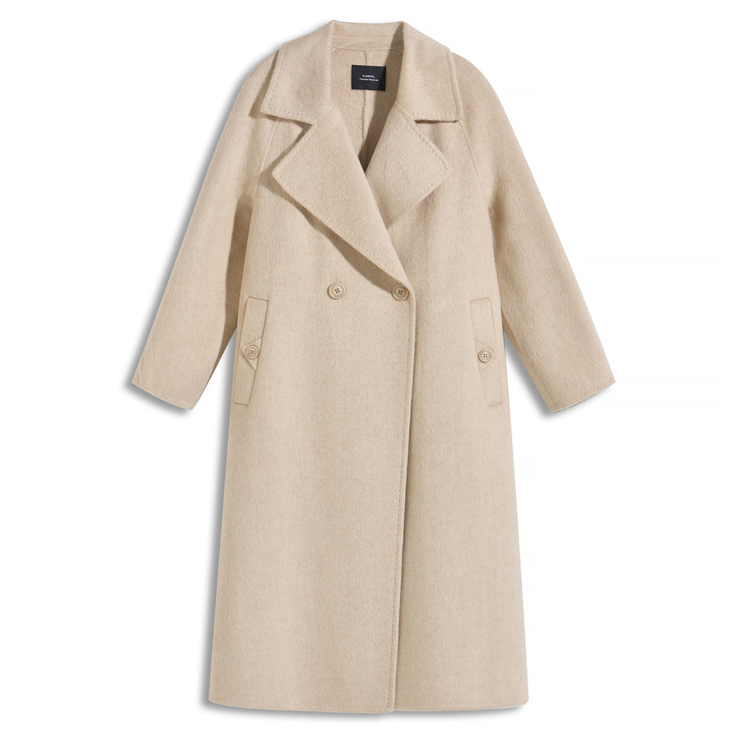 SUMIREL Cream Double-Breasted Long Cashmere Coat SCT901
