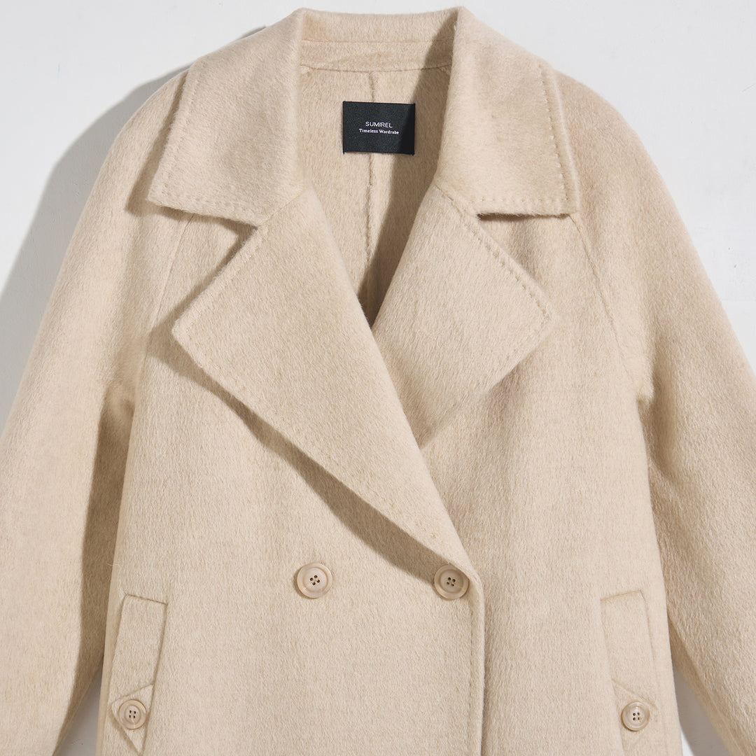 SUMIREL Cream Double-Breasted Long Cashmere Coat SCT901