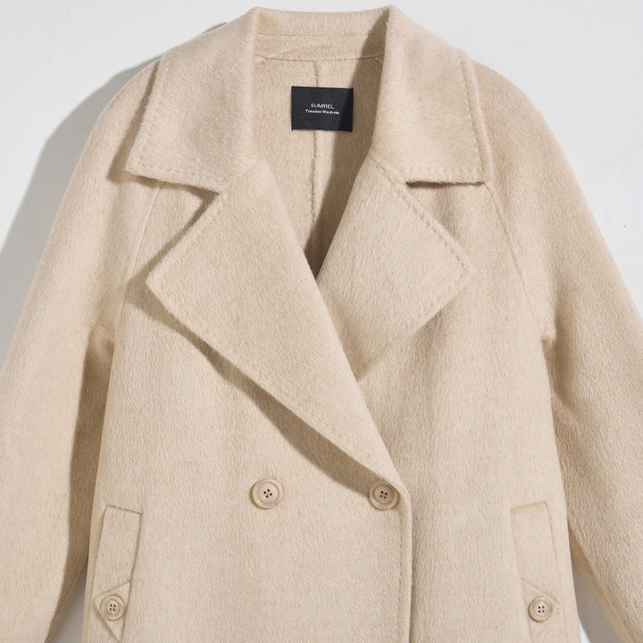 SUMIREL Cream Double-Breasted Long Cashmere Coat SCT901