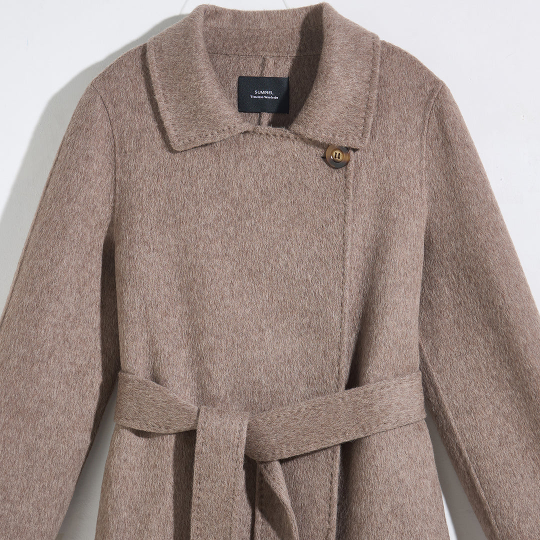 SUMIREL Taupe Belted Long Cashmere Coat SCT902