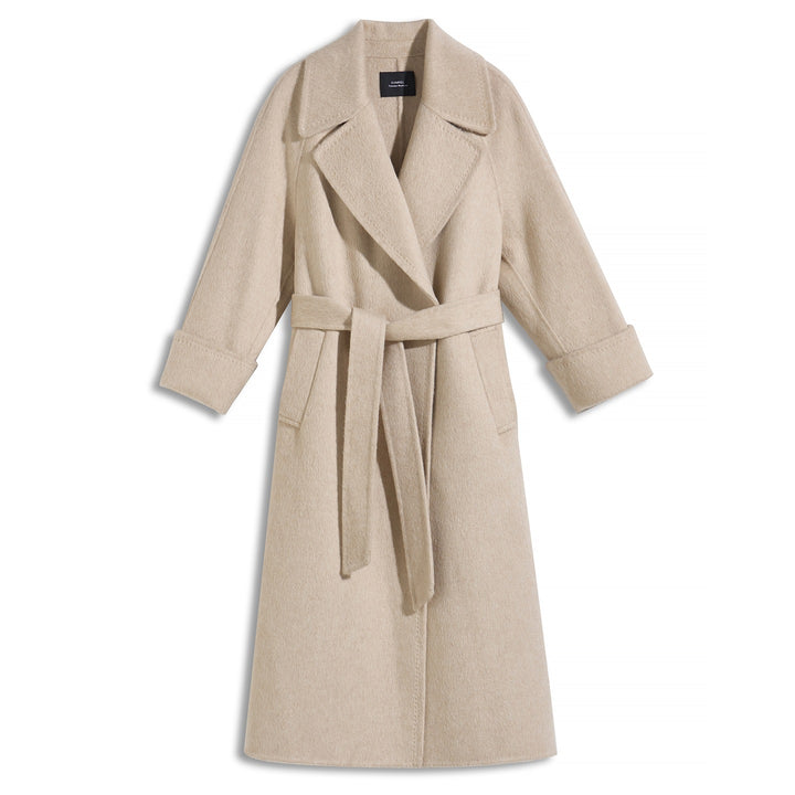Camel Hair Wool Coat with Mulberry Silk Blend Belted Luxury Long Coat for Women SCT905